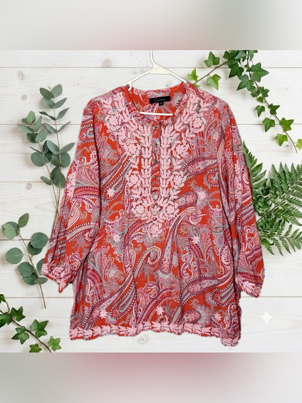 Calessa 1X Button Shirt Paisley Peach Embroidered Long Sleeve Beachy Top Popover